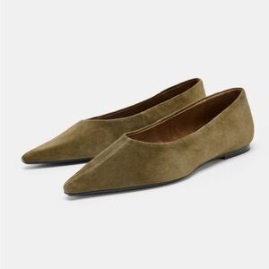 Zara Olive Green Suede Women's Pointed Toe Flats Size 9
